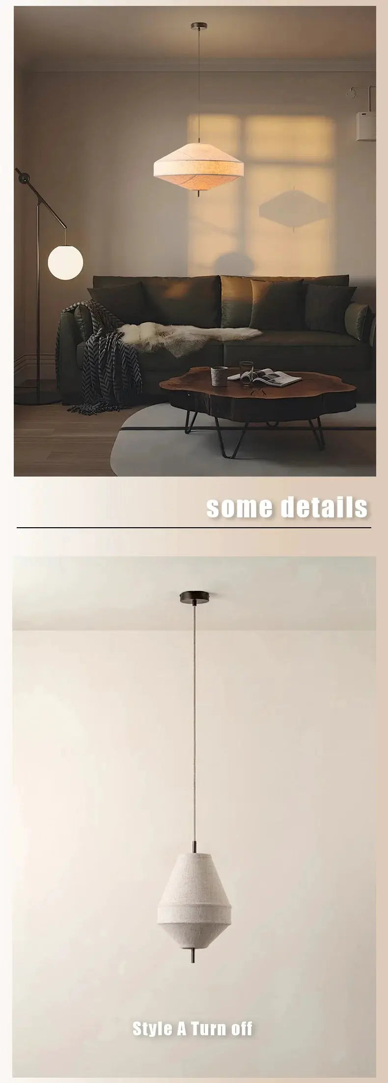 Simples Market Japanese Wabi Sabi fabric pendant lights in beige, two fixtures shown in living room scenes with warm glow