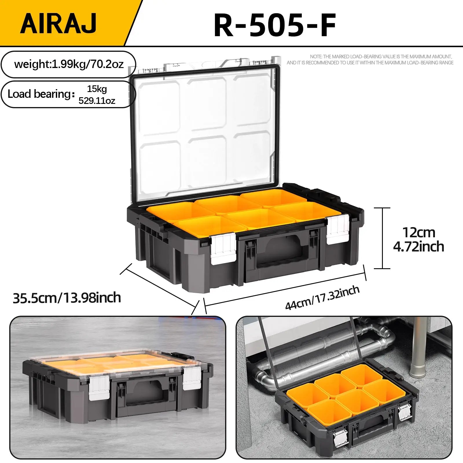 AIRAJ stackable modular toolbox with orange insert trays in a black case