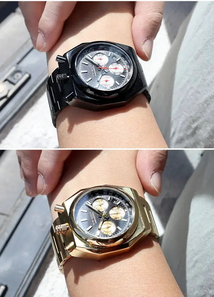 MINI FOCUS Chronograph watch for men by Simples Market; black and gold-tone stainless steel variants, two watches