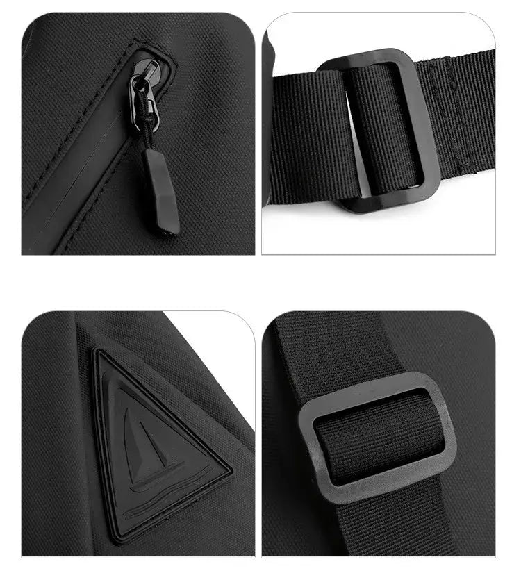 Black sling chest bag with adjustable strap, plastic buckle, zipper pull, and triangular logo patch