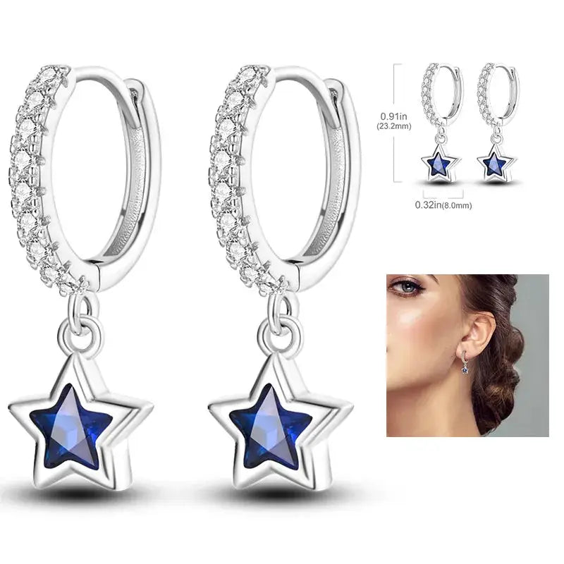 925 Silver Hoop Earrings For Women Zircon Heart Shape Star Eardrops Original Fashion Jewelry
