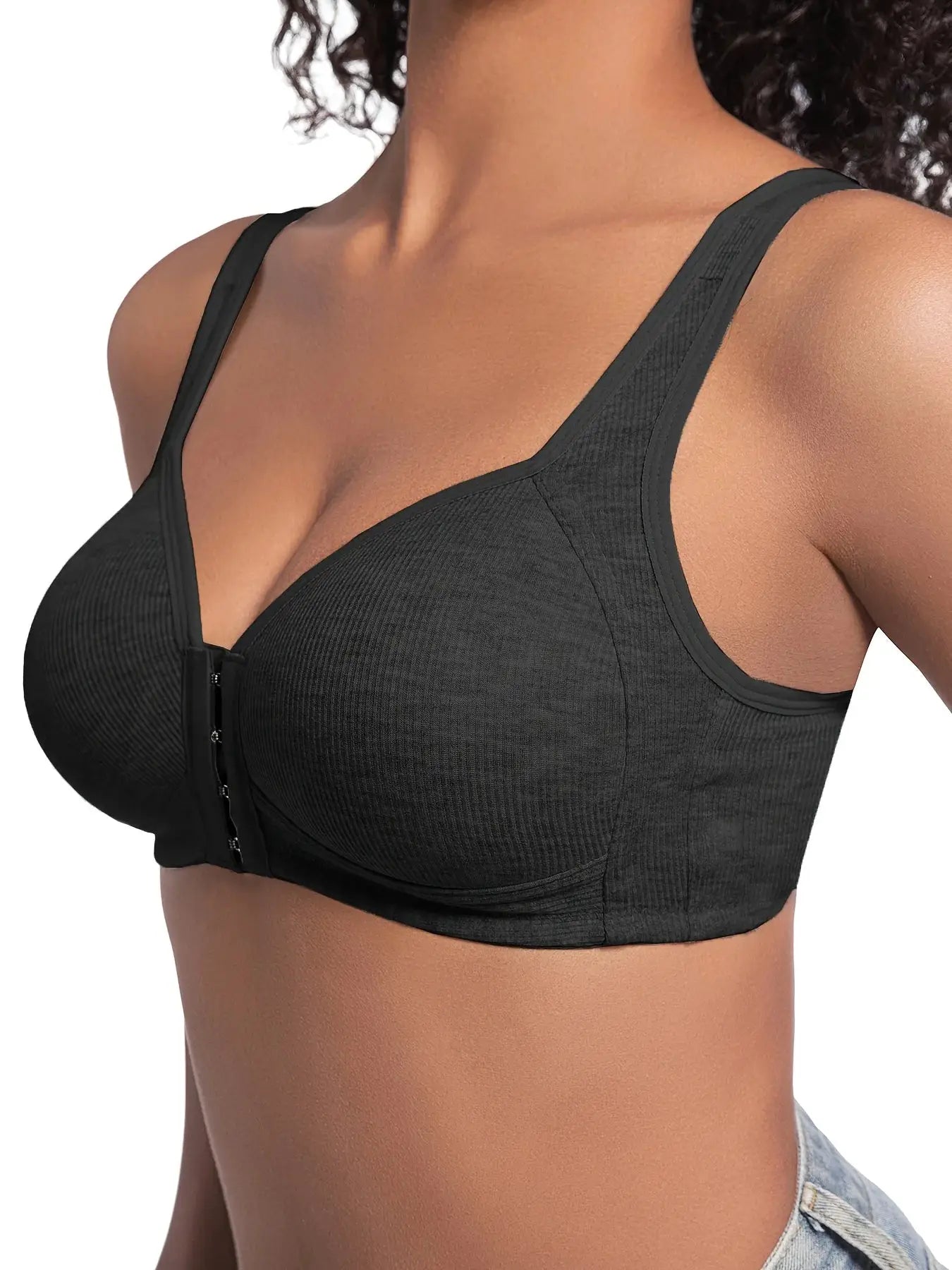 Women's wire-free front-closure black bra with full coverage and wide straps