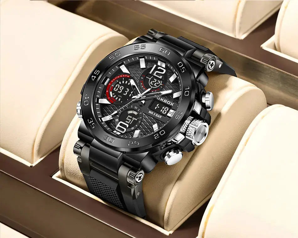 FOXBOX Business Diver watch for men with black metal bracelet and chronograph subdials