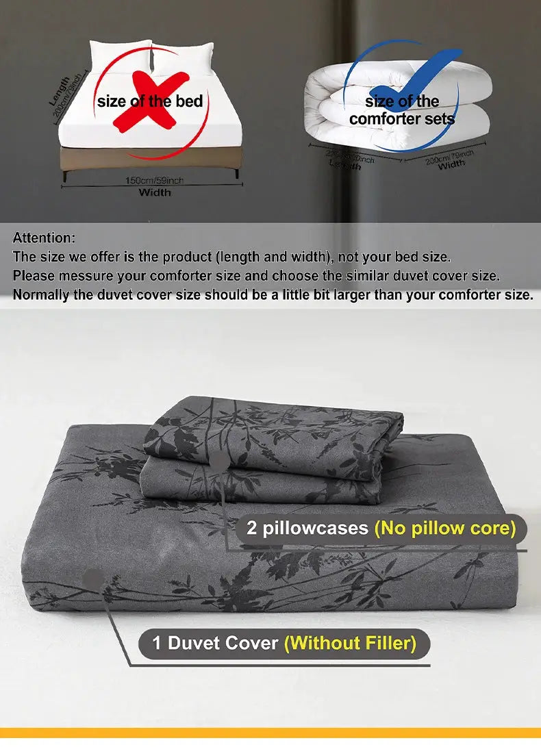Duvet cover set, gray floral pattern, Simples Market, 1 duvet cover + 2 pillowcases, skin-friendly fabric.