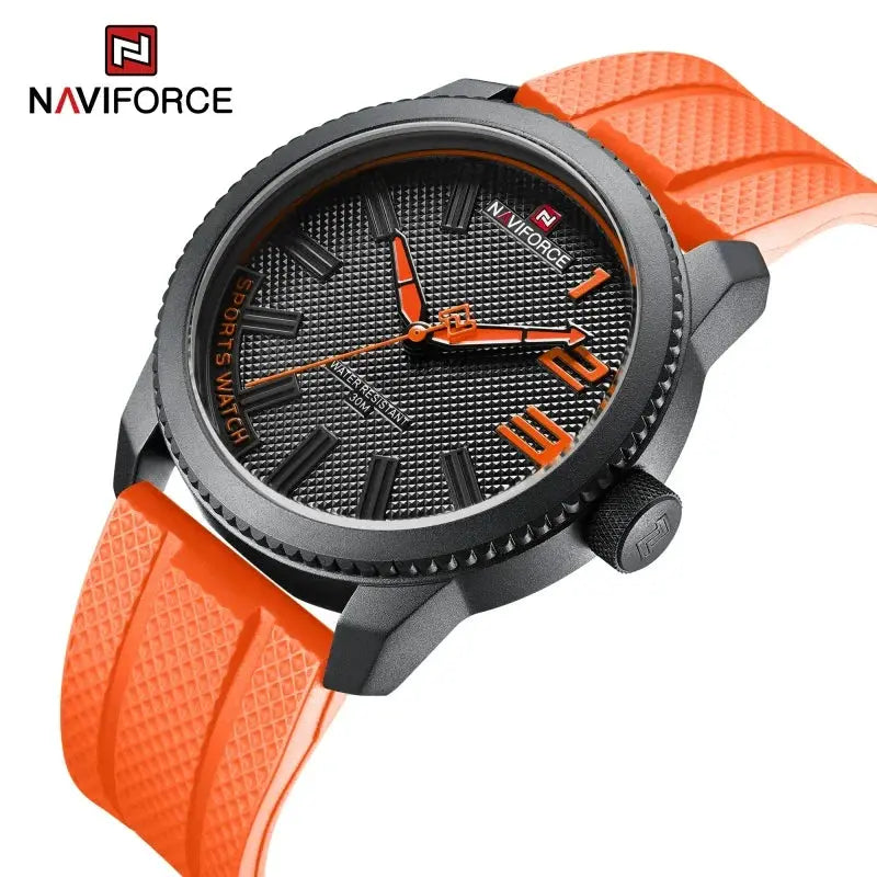 NAVIFORCE men's sports watch with orange silicone strap and black textured dial