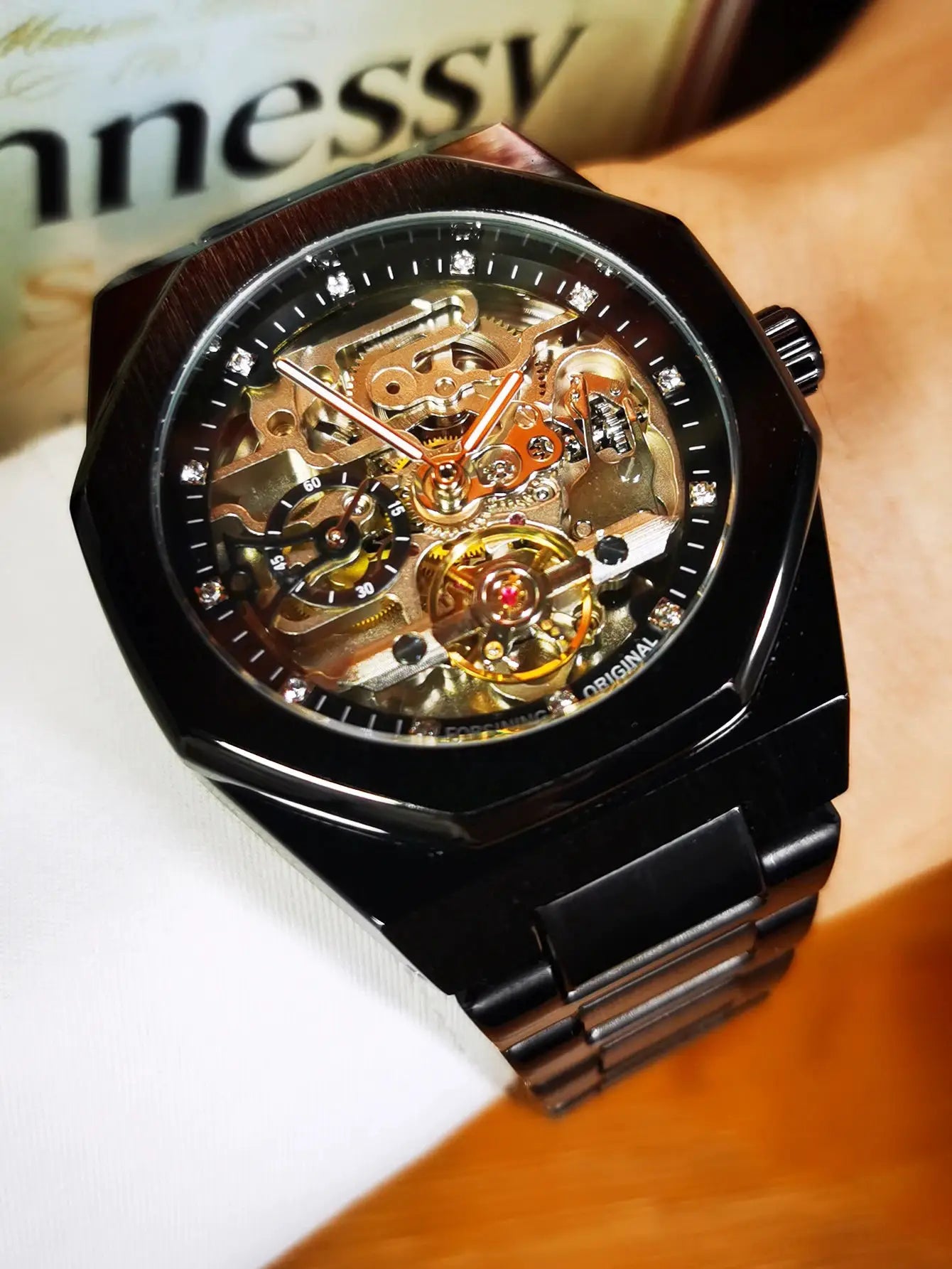 Forsining skeleton automatic men's watch with black stainless steel strap and luminous hands