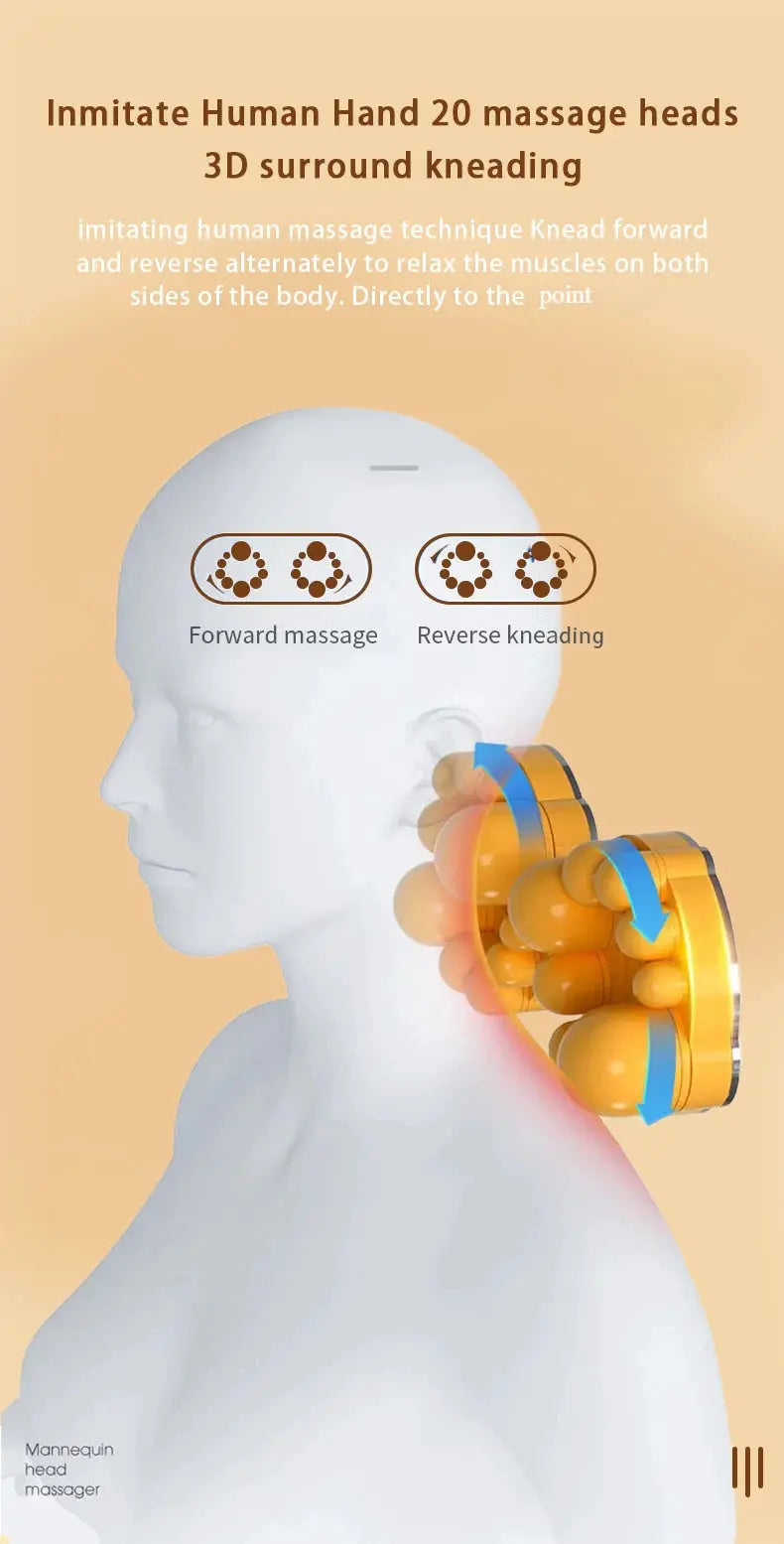 Simples Market neck massager with 20 kneading heads, orange circular device around neck, heating and vibration.