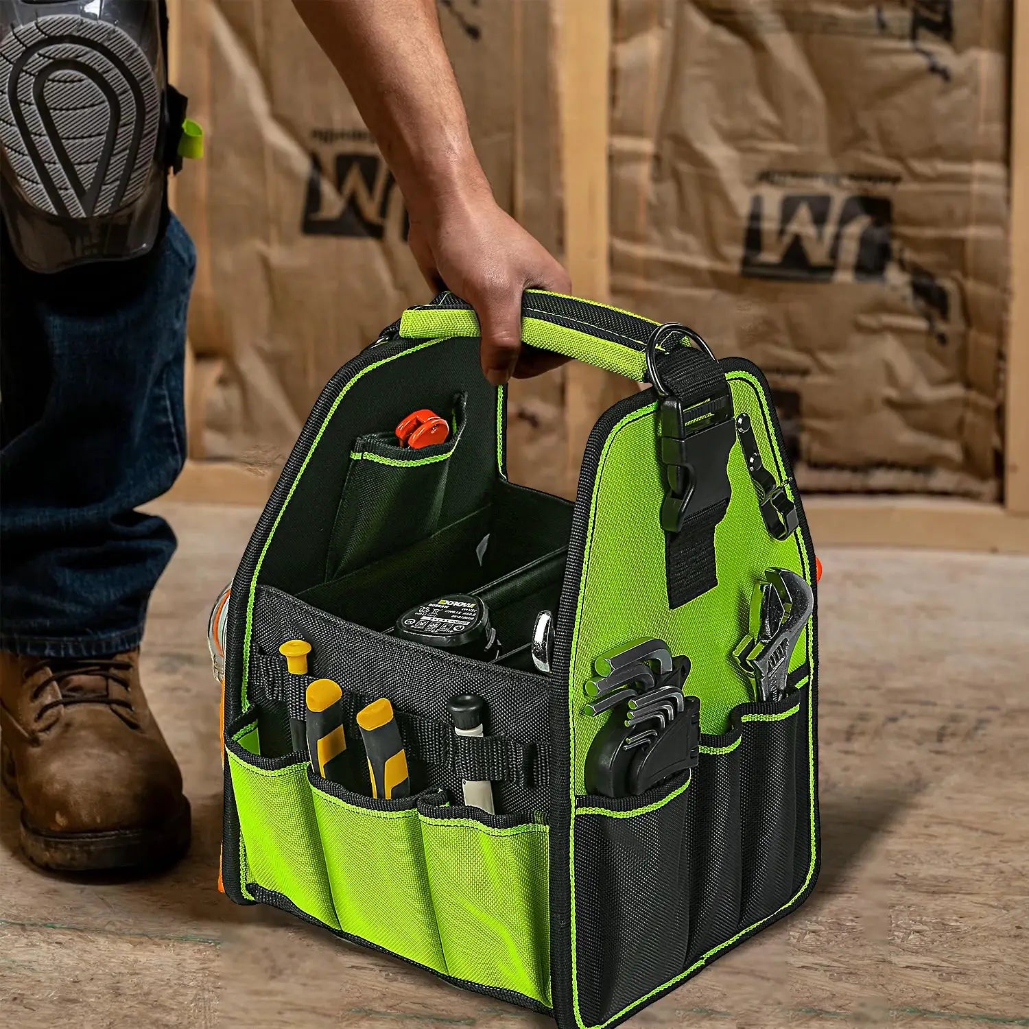 35-pocket tool tote with handle in black neon green; water-resistant construction and organized pockets Simples Market