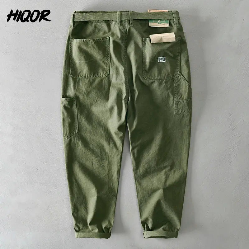 Men's olive cotton cargo pants with large pockets, loose fit, rolled cuffs — HIQOR