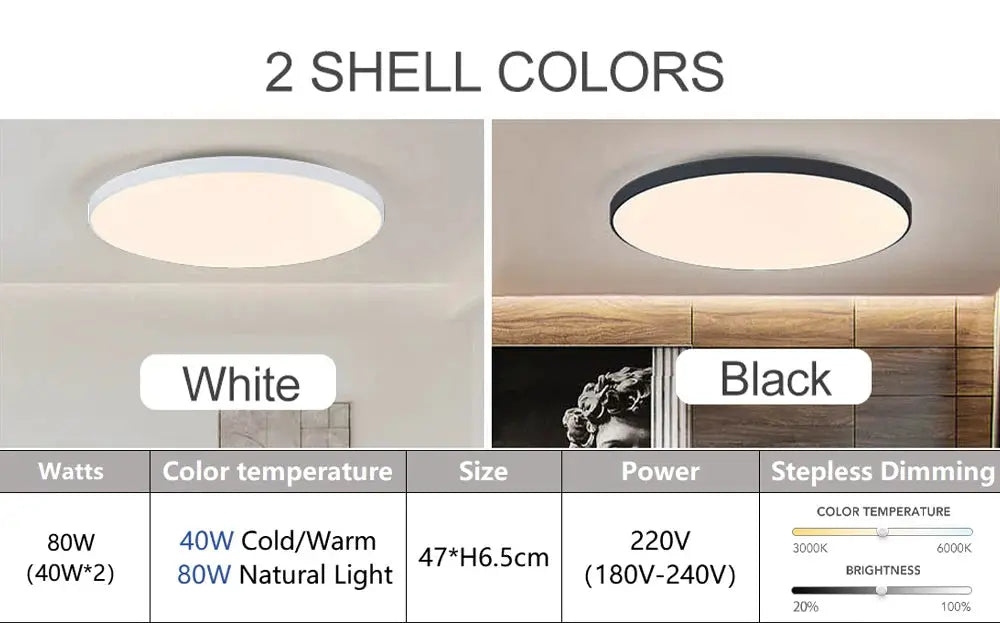 MARPOU ceiling LED lamp with white or black shell colors, 80W total, dimmable with remote for bedroom lighting