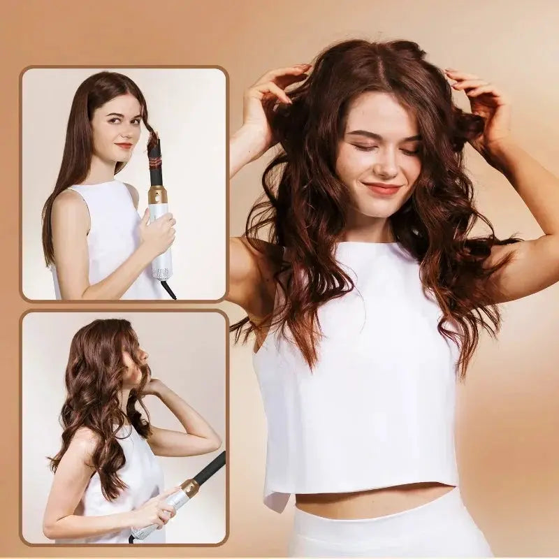 Hair Dryer 5-In-1 electric hair comb kit with negative ion brush; woman styling brown wavy hair.