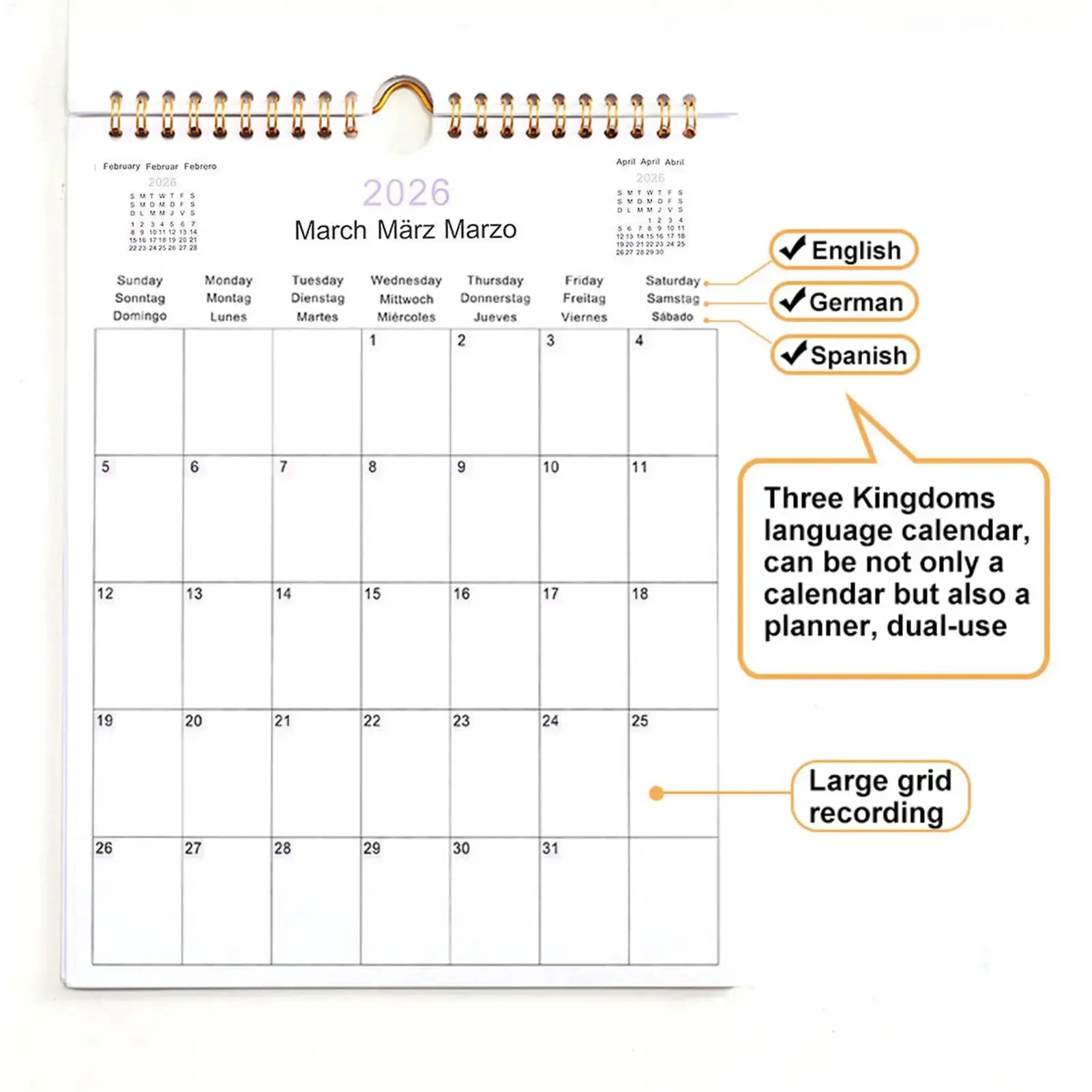 2026 multilingual wall calendar, 12-month coil planner with English, German and Spanish labels on the March page