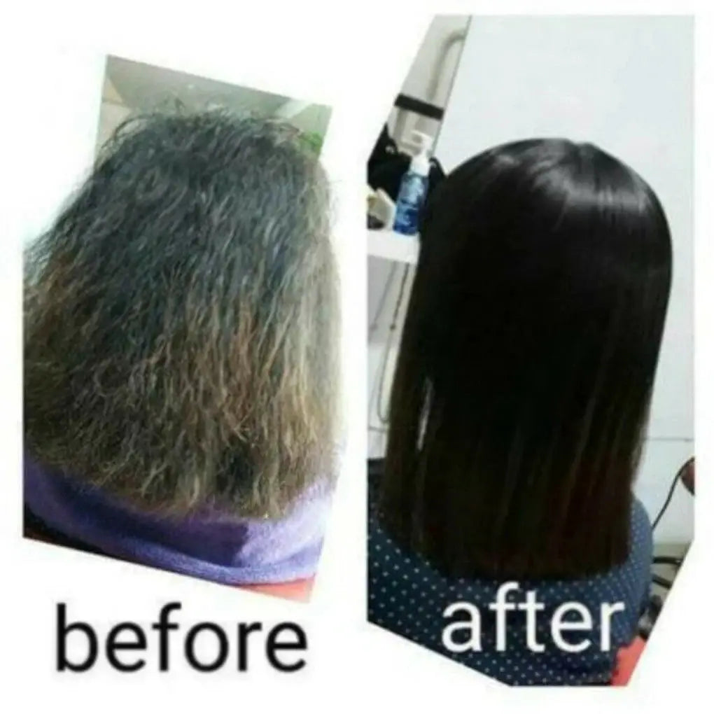 Simples Market hair straightener before and after: frizzy gray hair on left, smooth dark hair on right