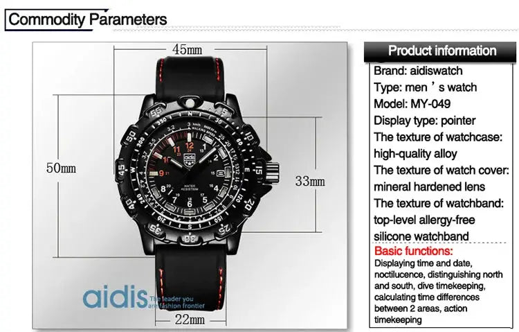 Aidis military outdoor men's wristwatch with black case and black strap with red stitching and luminous dial