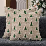 Green Christmas tree pillow covers, 2 beige faux-fur covers with green trees, 18x18