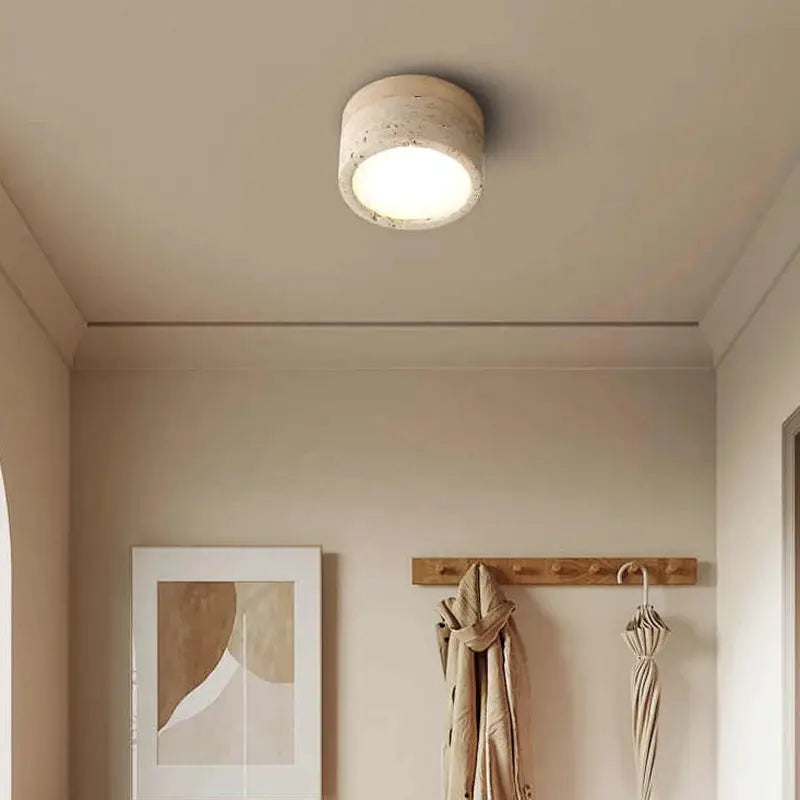 Japanese Wabi Sabi Stone LED ceiling light by Simples Market, cream round stone fixture for living room or corridor