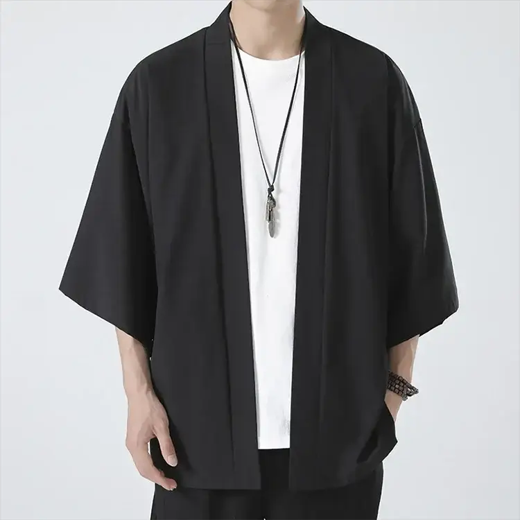 Men's black kimono cardigan with open front, 3/4 sleeves, lightweight Yukata-style summer outerwear
