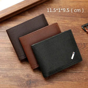 Three Simples Market men's leather short wallets in black, brown, and dark brown, foldable minimalist design