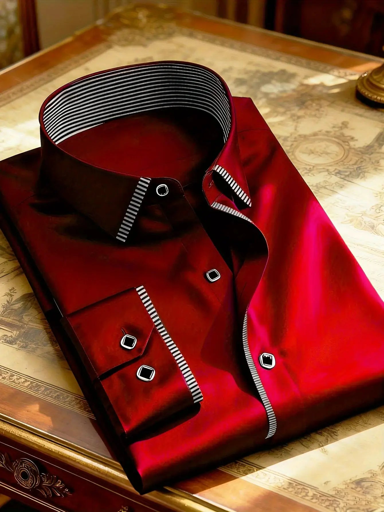 Men's burgundy tuxedo shirt by Simples Market with striped inner collar and cuffs, long sleeves.