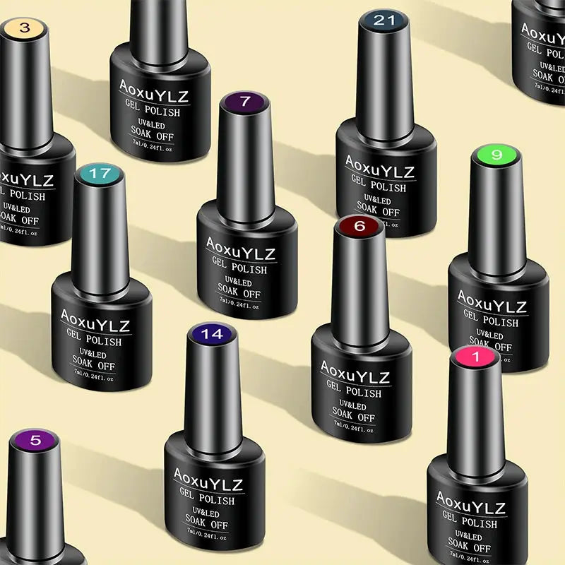 AoxuYLZ gel polish bottles set with colorful numbered caps; assorted colors on beige background