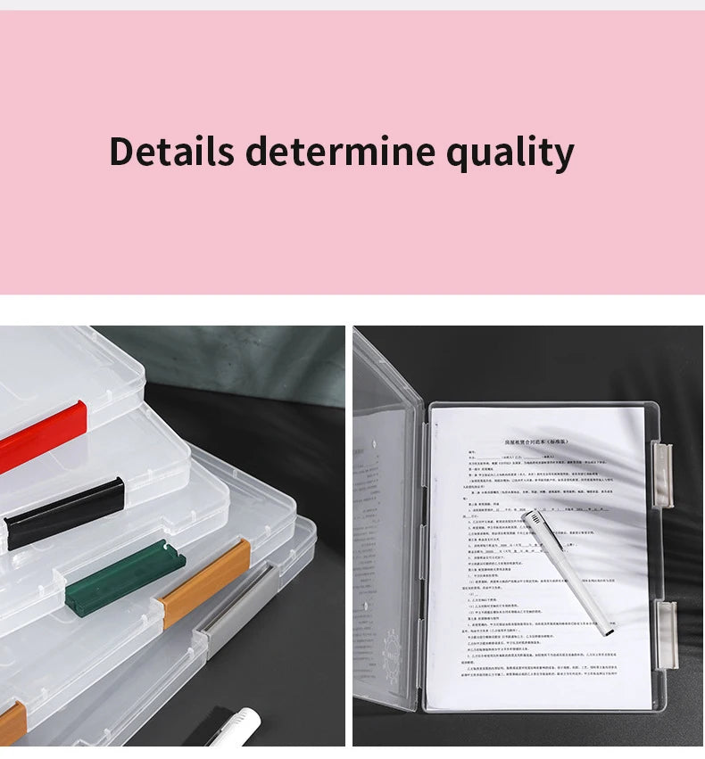 Transparent A4 PP file boxes; 4-pack with colored tabs and multi-layer design