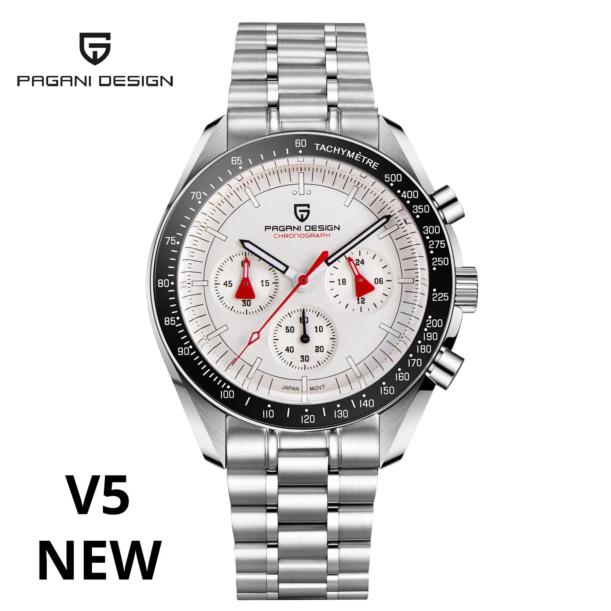 Pagani Design AK Project Mars men's chronograph watch with stainless steel bracelet and tachymeter bezel
