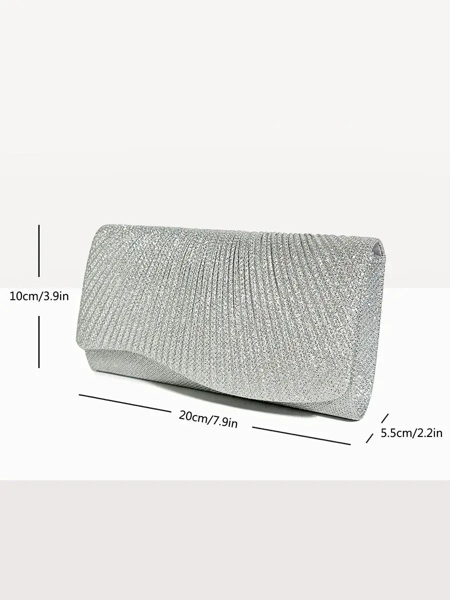 Simples Market glitter envelope evening clutch, silver with chain shoulder strap, 20×10×5.5 cm