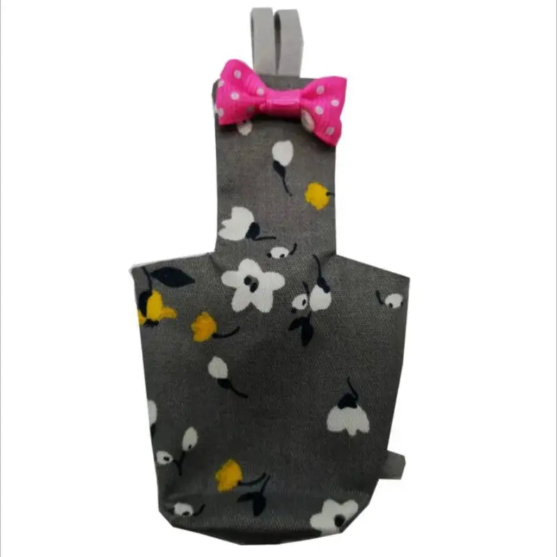 Parrot diaper with bowtie; gray floral flight suit for small to large pet birds, pink bow, washable, Simples Market