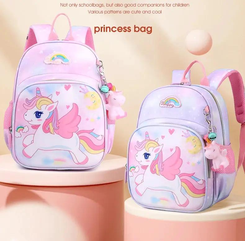 Two pink lavender unicorn school backpacks for girls with rainbow manes and heart accents by Simples Market
