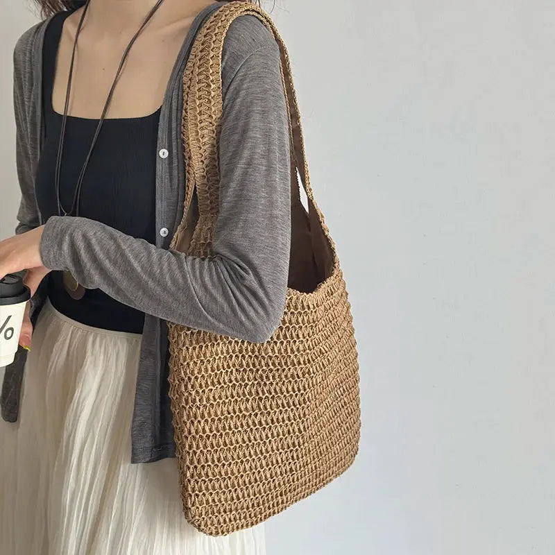 Rattan women's shoulder bag; natural beige woven tote with large capacity