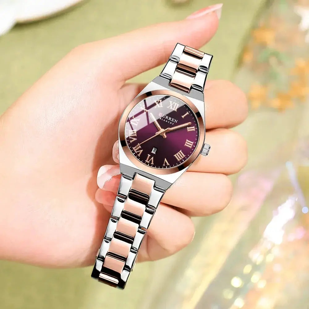 CURREN women's two-tone stainless steel watch with rose-gold links, purple dial, Roman numerals and date