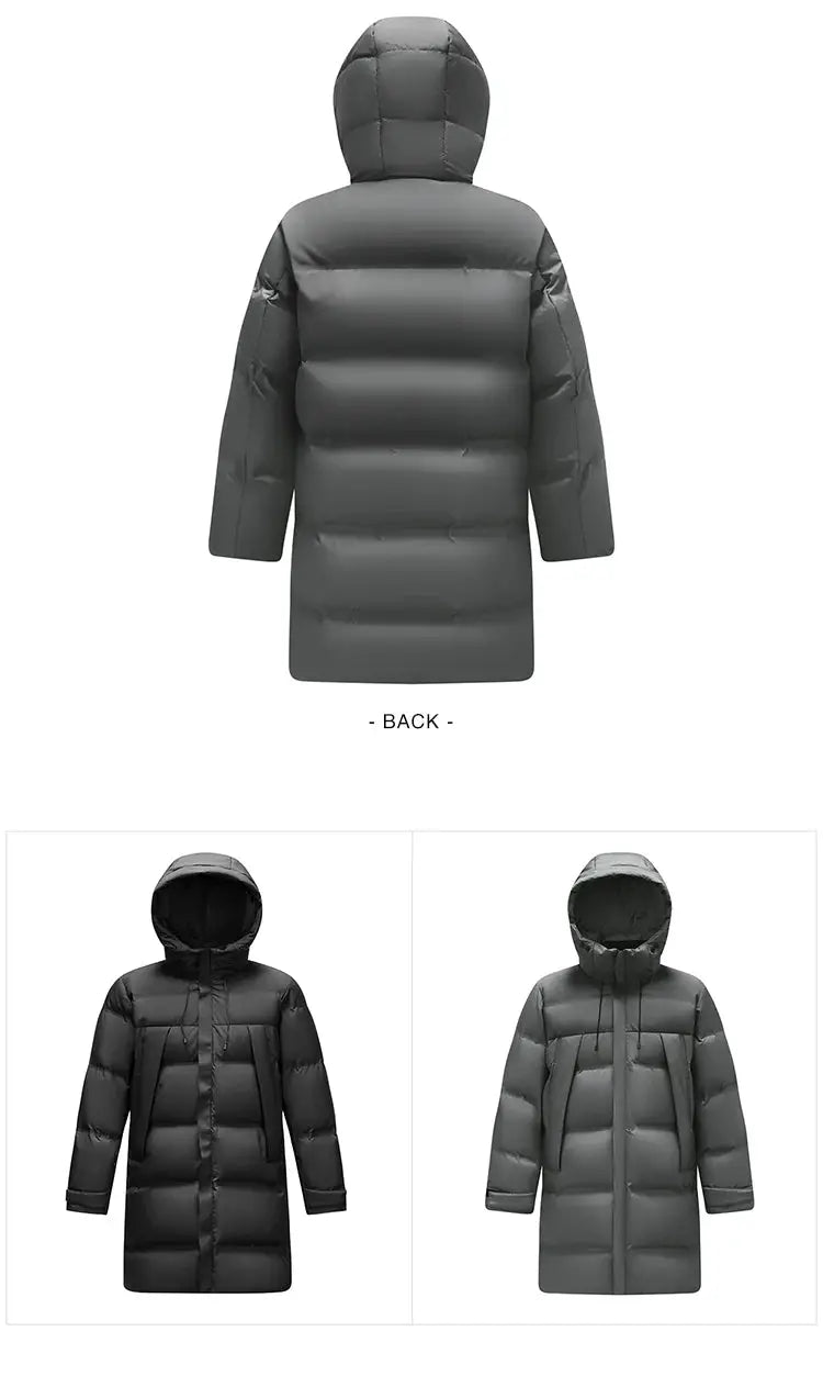 Men's long hooded down jacket; charcoal gray, loose fit, shown in back and two front views.