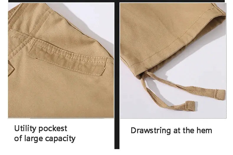 Men's cotton tactical cargo pants in khaki by Simples Market; features large utility pocket and drawstring hem.