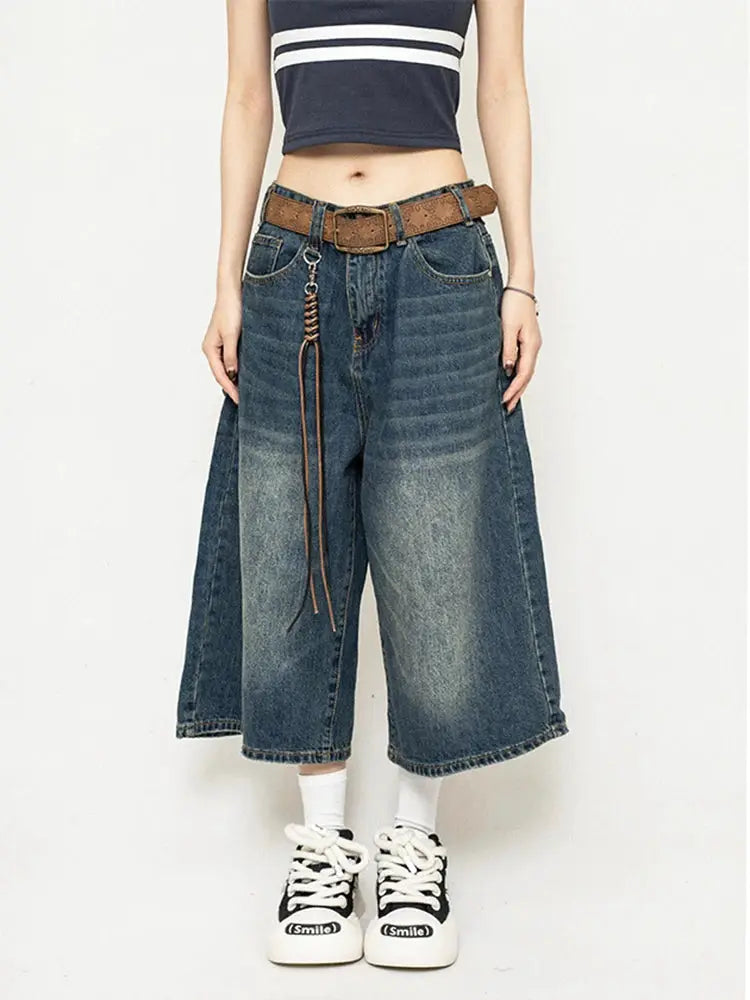 Harajuku High Waist Black Retro Washed Denim Shorts For Women Vintage Casual Loose Fit With Y2K Wide Leg Streetwear