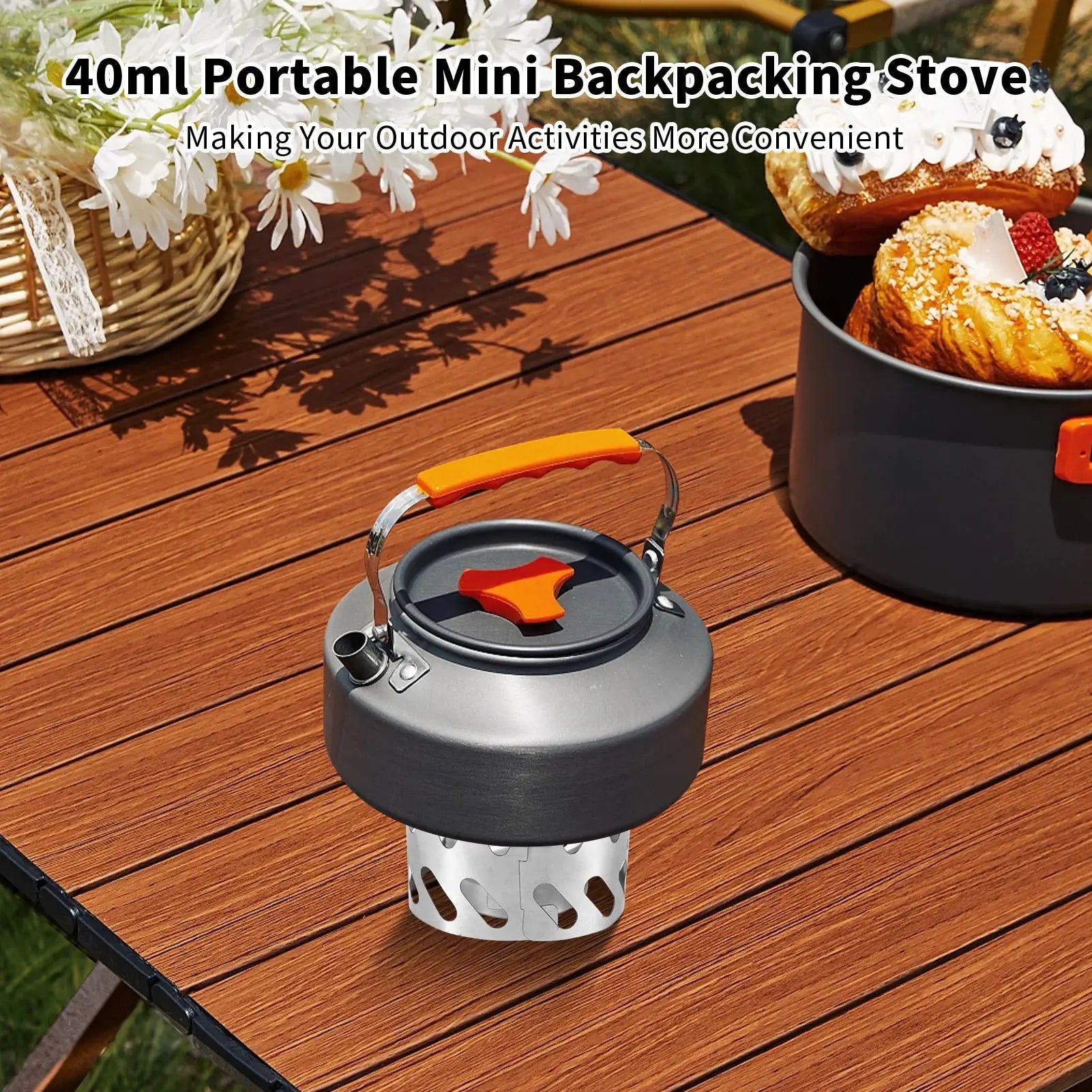 Mini stove with 40ml aluminum alcohol burner and stainless steel windshield on a wooden outdoor table