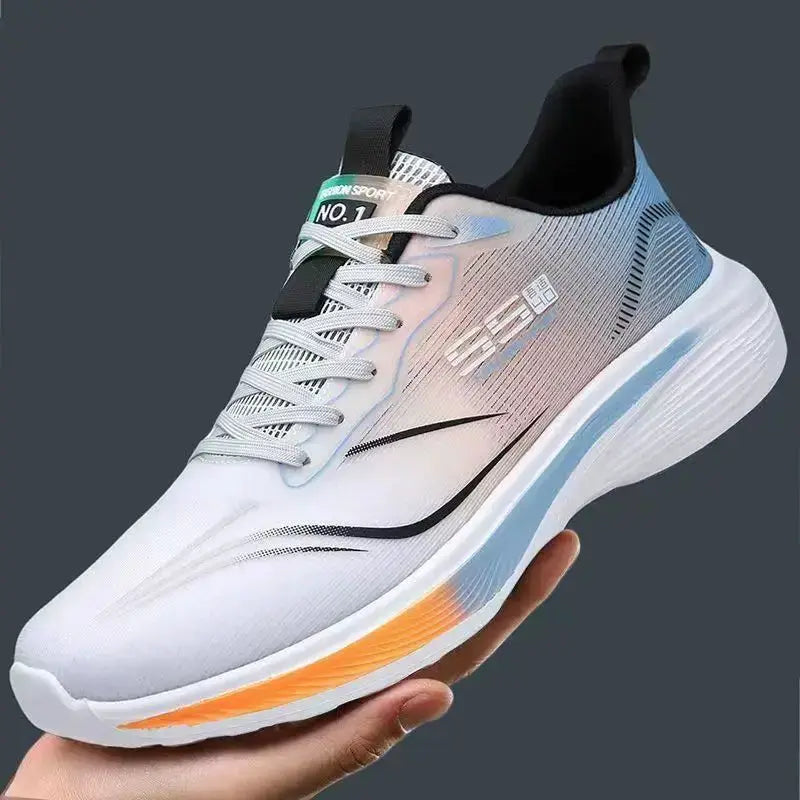 Breathable mesh men's sneakers by Simples Market with white gradient upper and orange sole accents