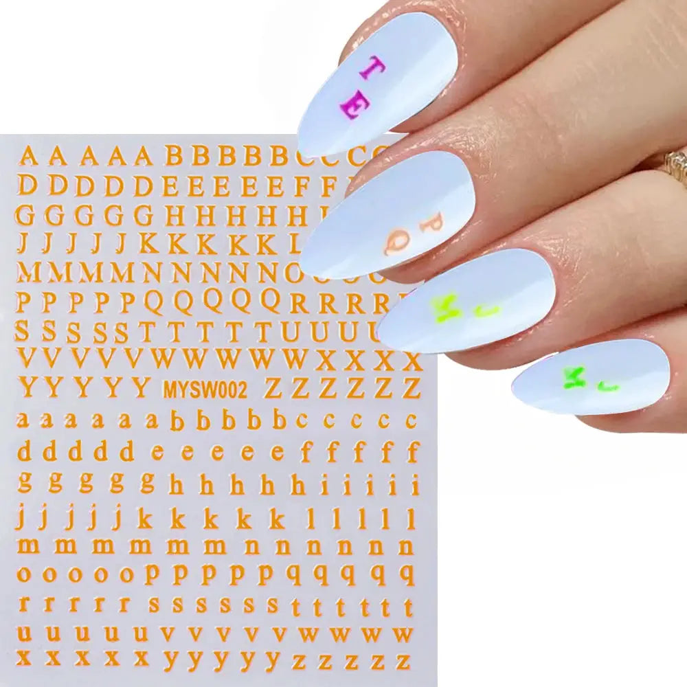3D roman letter nail stickers sheet with orange characters for manicure