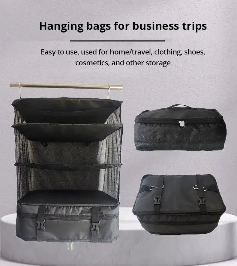 Simples Market 3-in-1 travel hanging clothes storage bag set; large-capacity black garment organizer with mesh shelves.