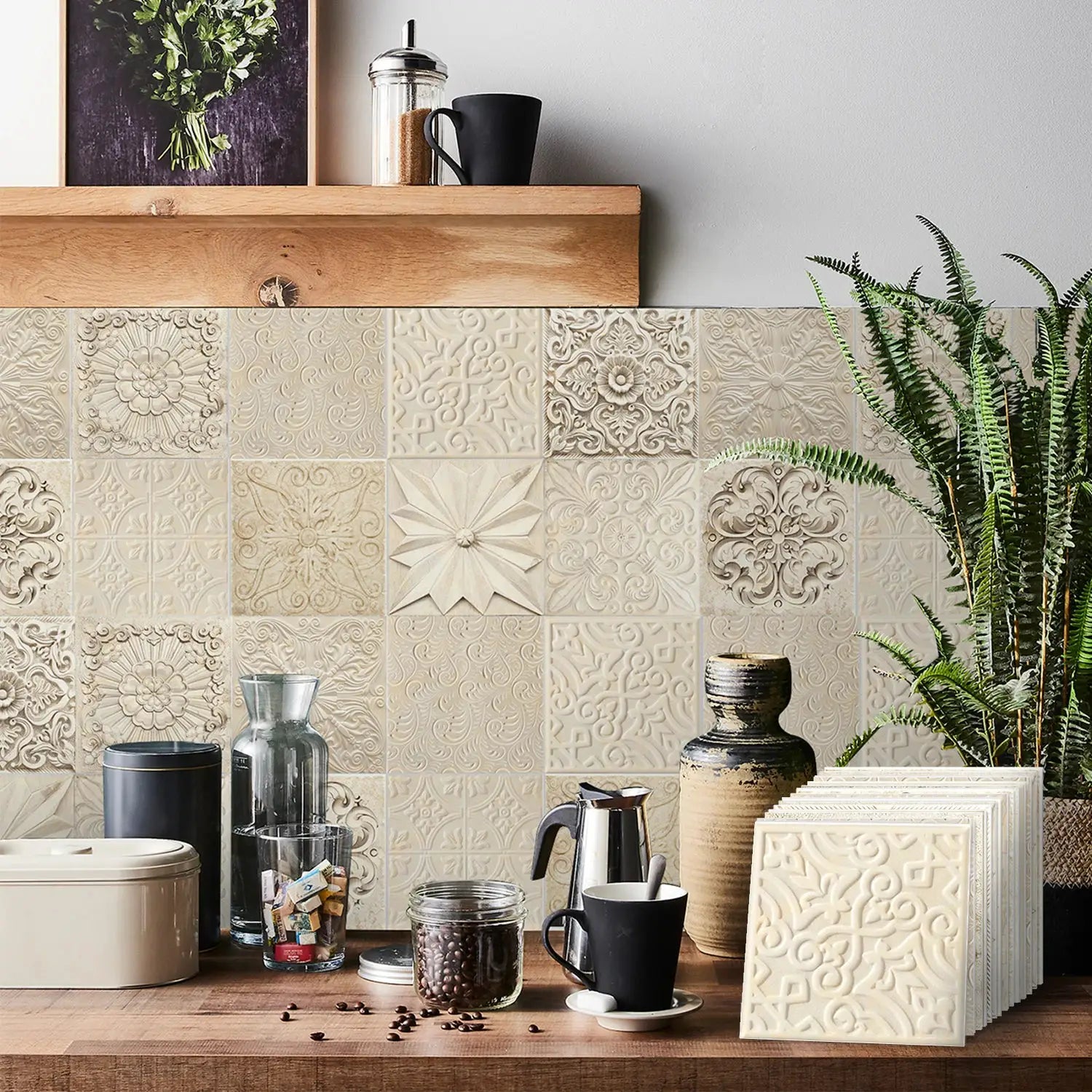 Tile self-adhesive wall stickers, 24pcs beige embossed designs, waterproof backsplash by Simples Market
