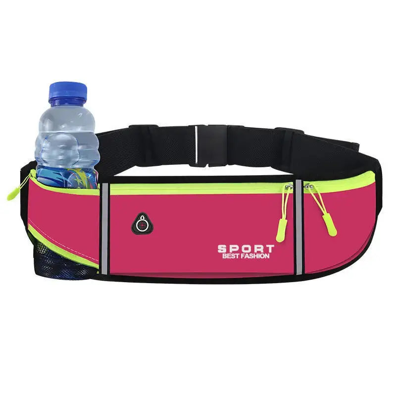 Outdoor running waist bag by Simples Market; pink with neon-yellow zippers, black strap, 3 pockets, bottle holder.
