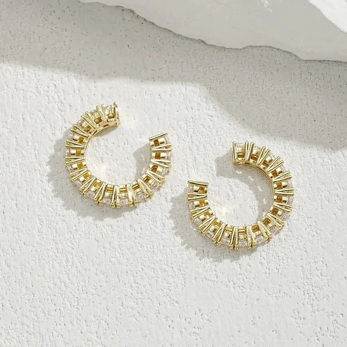 2pc gold-tone rhinestone ear cuffs for non-pierced ears, C-shaped ear clips with clear crystals