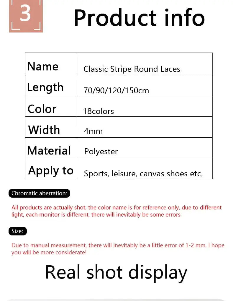 Round striped shoelaces, polyester, 4mm wide, 70/90/120/150 cm lengths, 18 colors, 1 pair