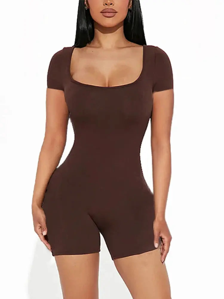 Jumpsuit romper brown polyester, Simples Market, women's short-sleeve U-neck one-piece yoga outfit