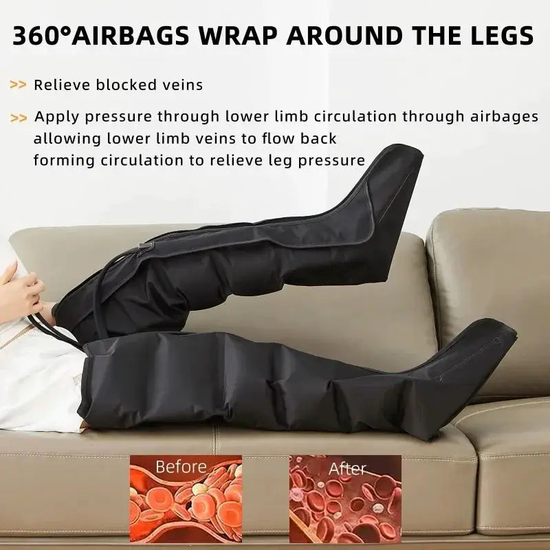 Air-pressure leg massager boots from Simples Market, black with remote control, worn on legs for calf massage.