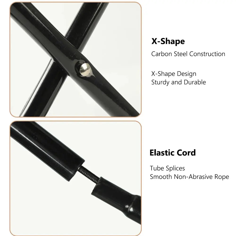 Folding stool with black X-shape carbon steel frame and elastic cord rope