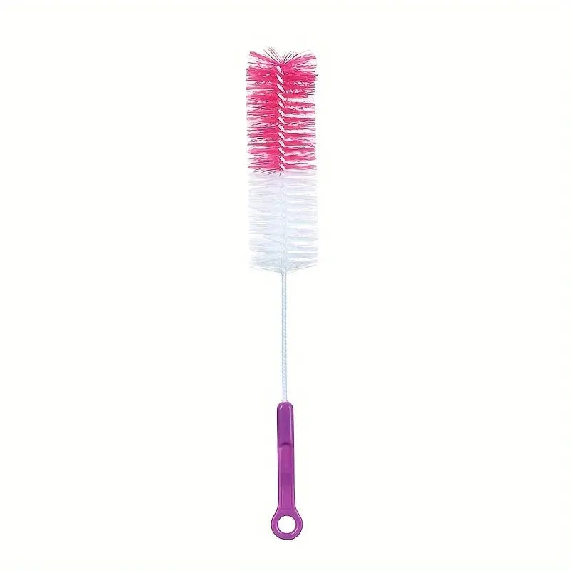 Long-handle bottle brush with pink and white bristles and a purple handle