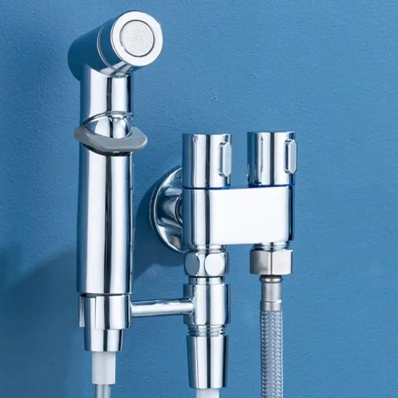 Chrome wall-mounted dual-outlet bidet sprayer with handheld shower head and flexible hose