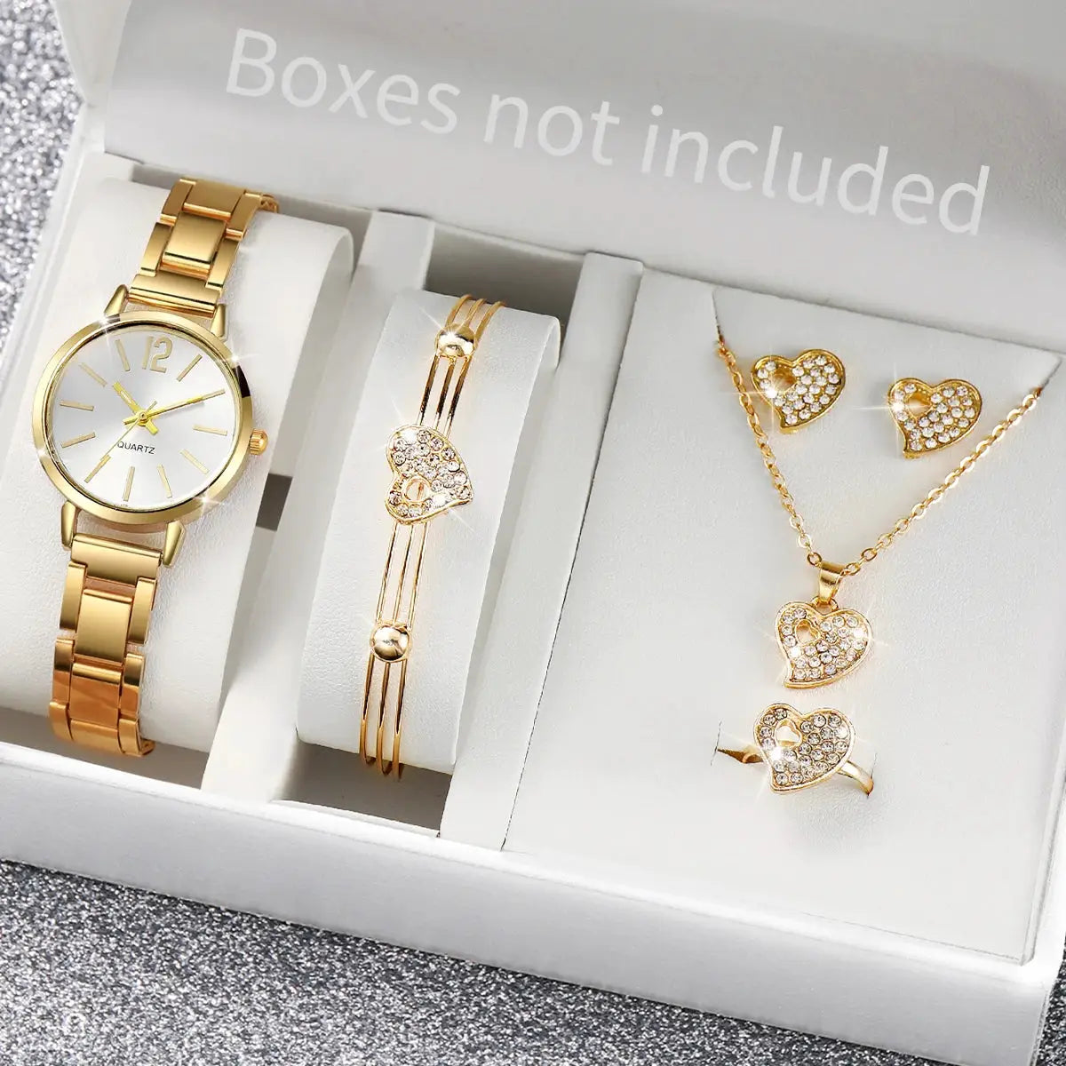 6-piece gold-tone watch and jewelry set from Simples Market; includes heart earrings, pendant necklace, ring, bracelet.