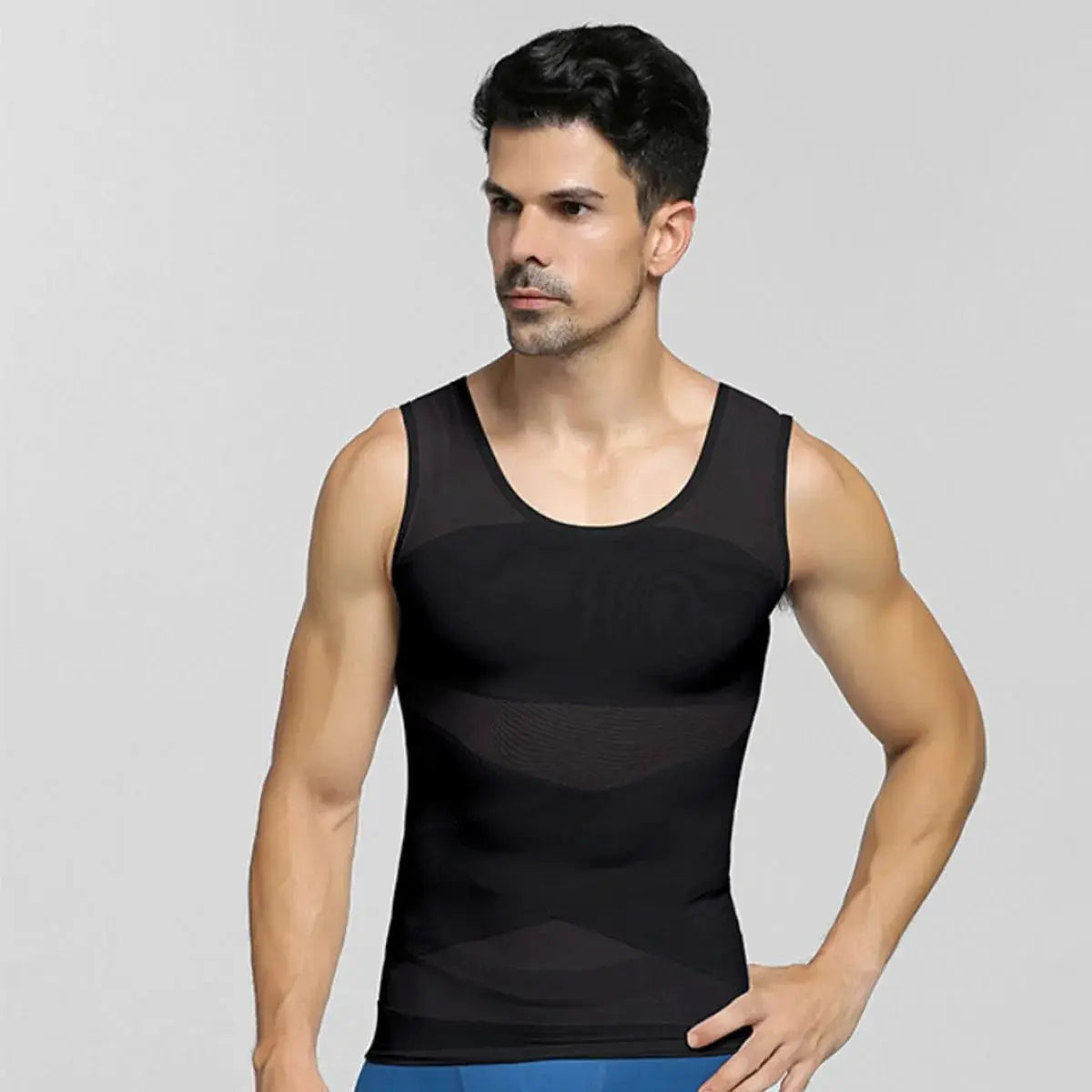 Men's black compression tank top with mesh panels for chest and abdomen shaping