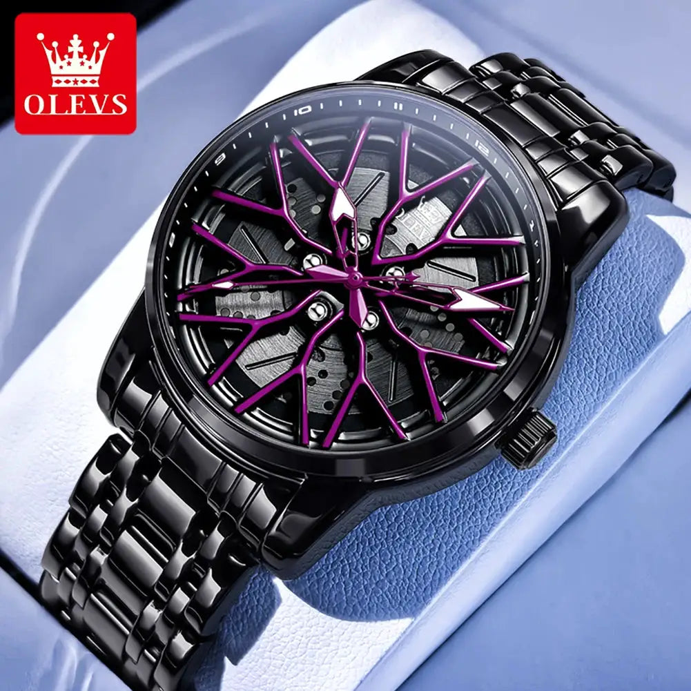 OLEVS men's skeleton watch with black stainless-steel band and purple lattice dial accent